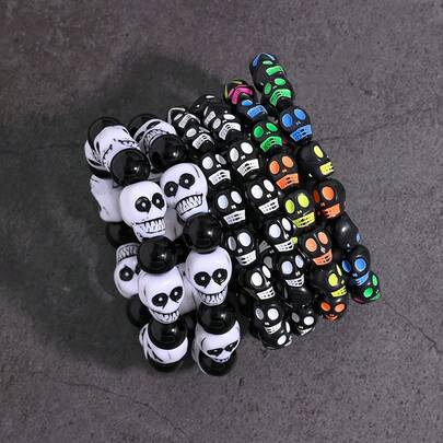6 Pulseras Elásticas con Calaveras de Colores, Estilo Punk y Gótico, Accesorios Unisex para Mujer y Hombre