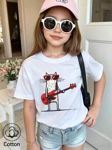 Summer And Autumn Cotton Girls' Short Sleeved T-Shirt With Cat Playing Electric Guitar Print, Cute And Sweet Style - White - View 2
