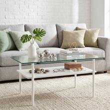 Modern Coffee Table With Black Glass Top, Living Room Table With MDF Shelf And Metal Frame, Rectangular Sofa Table With 2-Tier Storage, Black-H45/W98/D58 Cm - 白色 - 查看 2