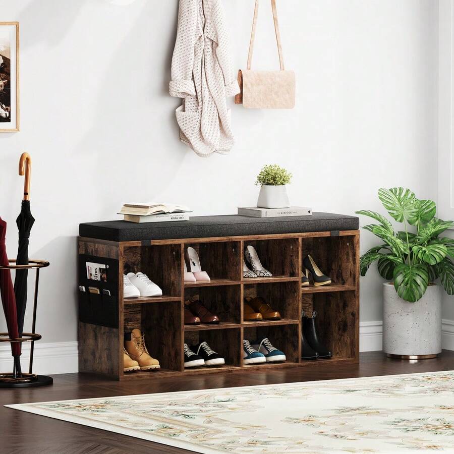 Techigher Shoe Storage Bench With Cushion, Shoe Rack Organiser, Hallway Storage Bench With Padded Seat & Adjustable Shelves, Compact Shoe Cabinet For Entryway, Bedroom, Living Room - Retro Color 104*30.5*53 - View 1