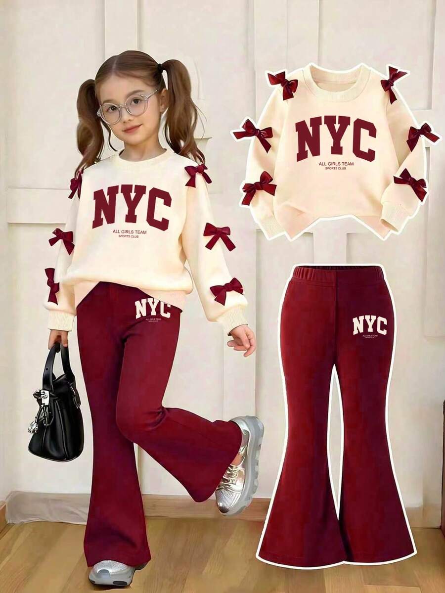 Girls' Simple Fashion Red Bow & Letter Print Apricot Top And Red Pants Sportswear Set, Autumn/Winter - Apricot - View 1