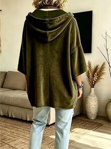 Plus Size Women's Velvet Hooded Top, Drawstring Button Front, Dropped Shoulder Design, 3/4 Sleeve, Suitable For Autumn Wear - Olive Green - View 2