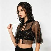 Theme Party Hooded Costume Capelet In BlackSheer Mesh, Moon Star Tie Front Short Shawl ForPhoto Styling Halloween - Black - View 4