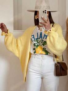 Women's Autumn/Winter New Style Solid Color Cardigan With Ruffled Cuffs - Sweet, Casual, Elegant Top For Home & Dating - Yellow - View 11