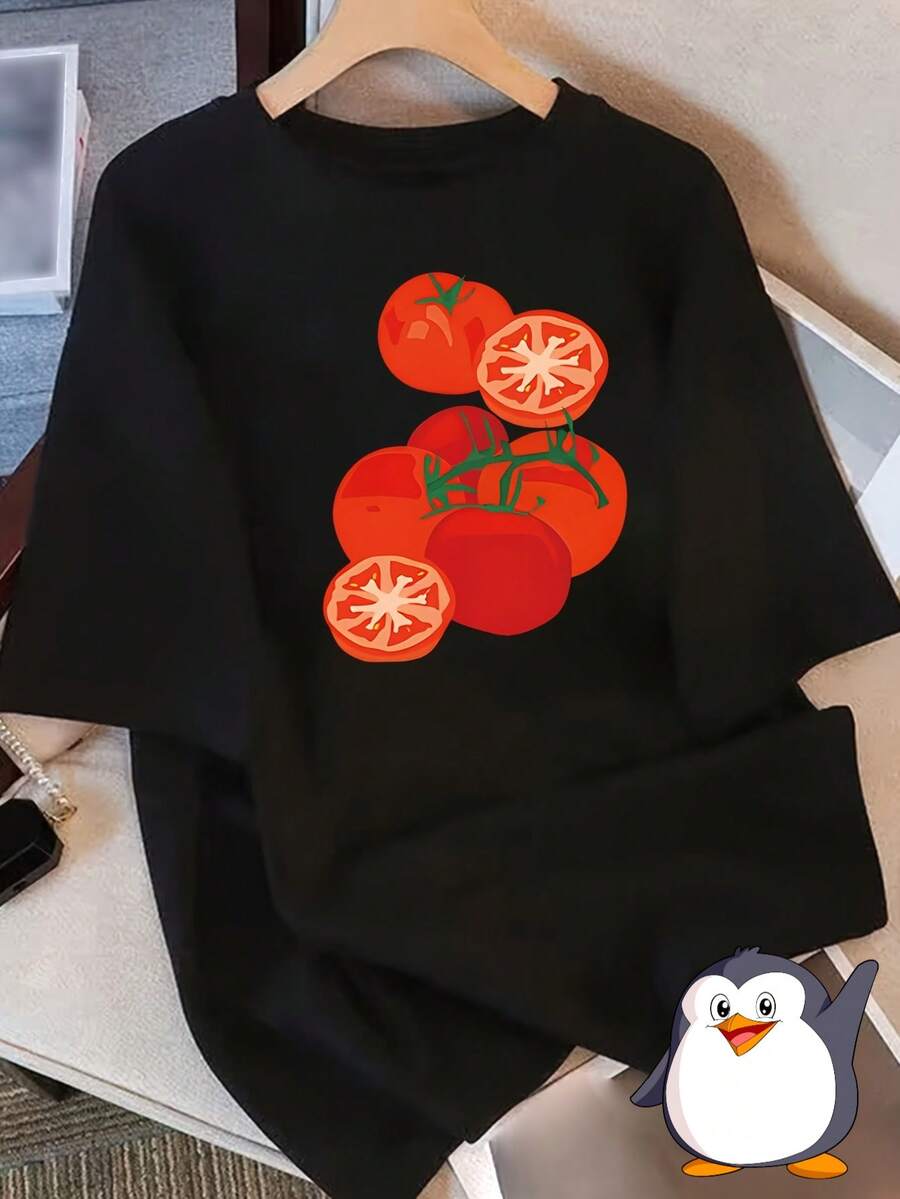 Camiseta de Verano 2025 de Corte Holgado y Cuello Redondo para Mujer, Cómoda y Casual, Perfecta para un Uso Diario Juvenil y Vibrante - Negro - Ver 1