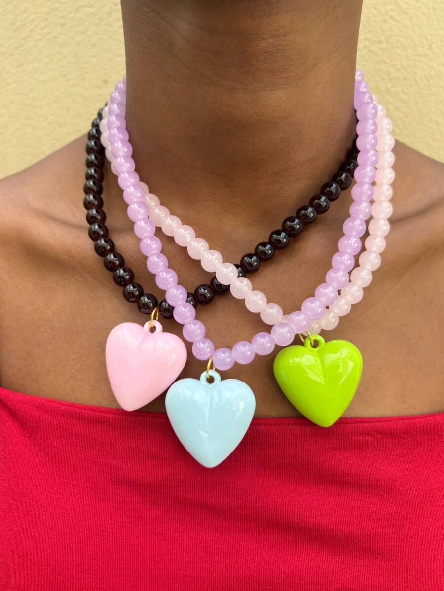 Summer Colorful Beaded Sweet Versatile Heart Necklace Women's Dopamine Style Collarbone Chain Accessory - Beaded Necklace - View 1