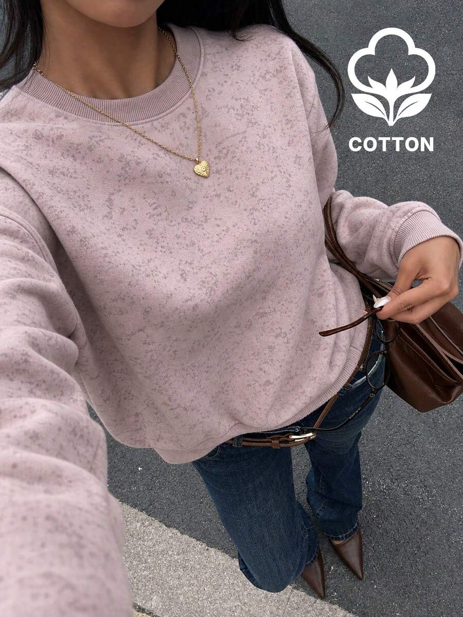 女款粉色抽象印花棉混紡圓領長袖寬鬆羅紋套頭衛衣,休閒學院風 Y2K 秋季穿搭上衣 - 粉色 - 查看 1