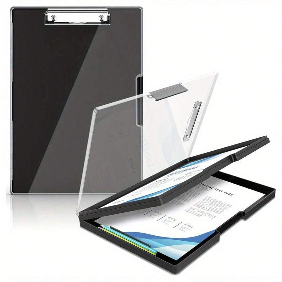 Clipboard With Storage, With 2 Storage Boxes, Heavy Duty Clear Visible Top Panel To Store Clipboard, Side Opening - Black - View 1