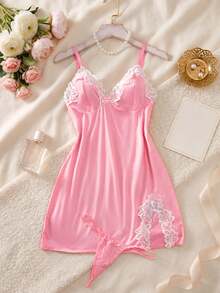 Camisón de encaje con escote en V y abertura en contraste de color, diseño encantador, con tanga, lencería sexy para mujer, camisola sexy con tirantes finos. - Rosa - Ver 3