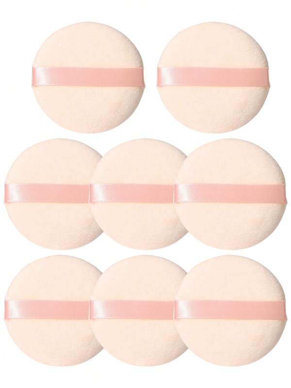 8Pcs Beige Round Velvet Powder Puffs With Ribbon Strap, Soft Fluffy Loose Powder Applicator Pads, Washable Reusable Setting Powder Tools For Daily Makeup, Travel Touch-Ups & Makeup Beginners