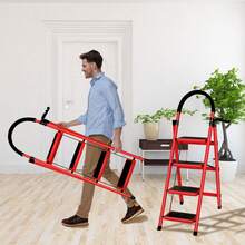Folding Step Ladder 3 Steps, Heavy Duty Folding Step Ladder, 150kg Load, Small Folding Ladder With Non-Slip Steps, Household Ladder For Kitchen, Home And Garden - 3-step Red - View 2