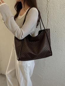 Bolso tote de mujer de unicolor minimalista, bolso de hombro moderno para desplazamientos, bolso de gran capacidad adecuado para compras y desplazamientos - Café - Ver 5