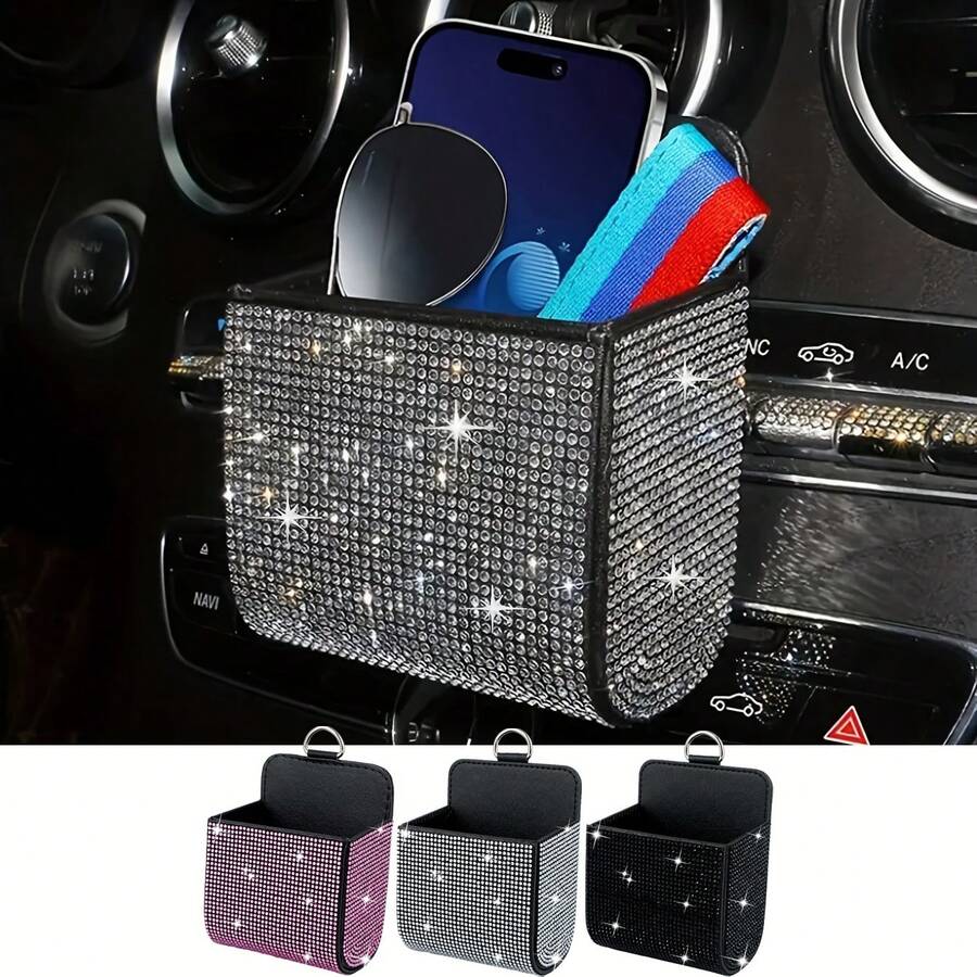 1pc Sparkling Rhinestone Design Car Air Vent Storage Rack - Multi-Functional Car Storage Holder, Suitable For ID Card, Phone, Wallet And Keys - Car Interior Decoration Accessory, Durable And Elegant Design - Multicolor - View 1