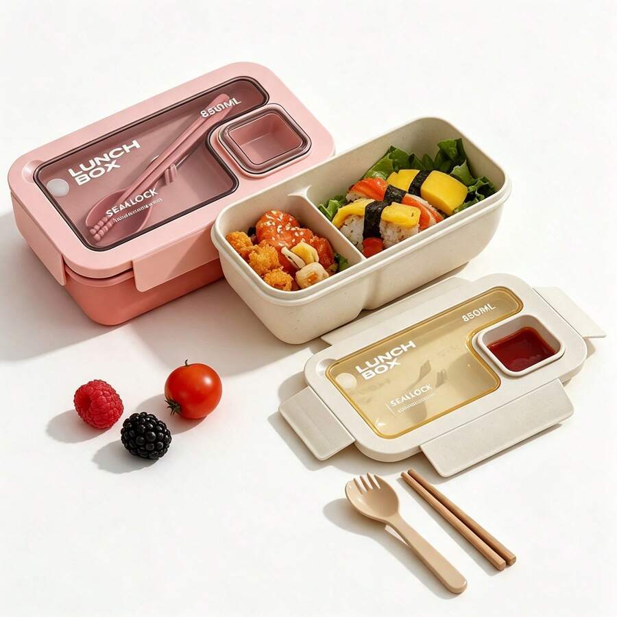 1pc Adult Lunch Box With Utensils, Leak-Proof Bento Box With Compartments, Sauce Container, Fruit And Snack Box, Reusable Fork And Spoon Set, Suitable For Office, School, Outdoor Picnic, Back To School, Kitchen Accessories