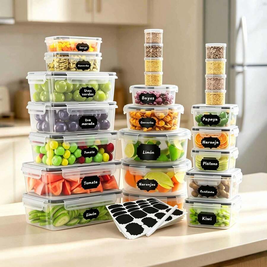 24 piezas Recipientes para almacenamiento de alimentos, 5 tamaños, tapa sellada reutilizable de material PP, cajas con cierre a presión, aptos para frutas, verduras, ensaladas, pasta, carne, bento, almuerzos y talla grande, organizador de refrigerador y cocina, apilables y ahorro de espacio