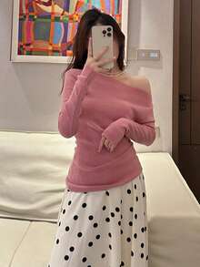 Y6Y 2026 New Autumn Fashion Versatile Commute Pink Cold Shoulder Off-Shoulder Long Sleeve Women's Knit Top - Pink - View 7