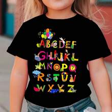 Tween Girls Summer Fashion Short-Sleeve T-Shirt With Colorful Letter Prints, A Versatile Casual Top NY-DX4045 - Black - View 1