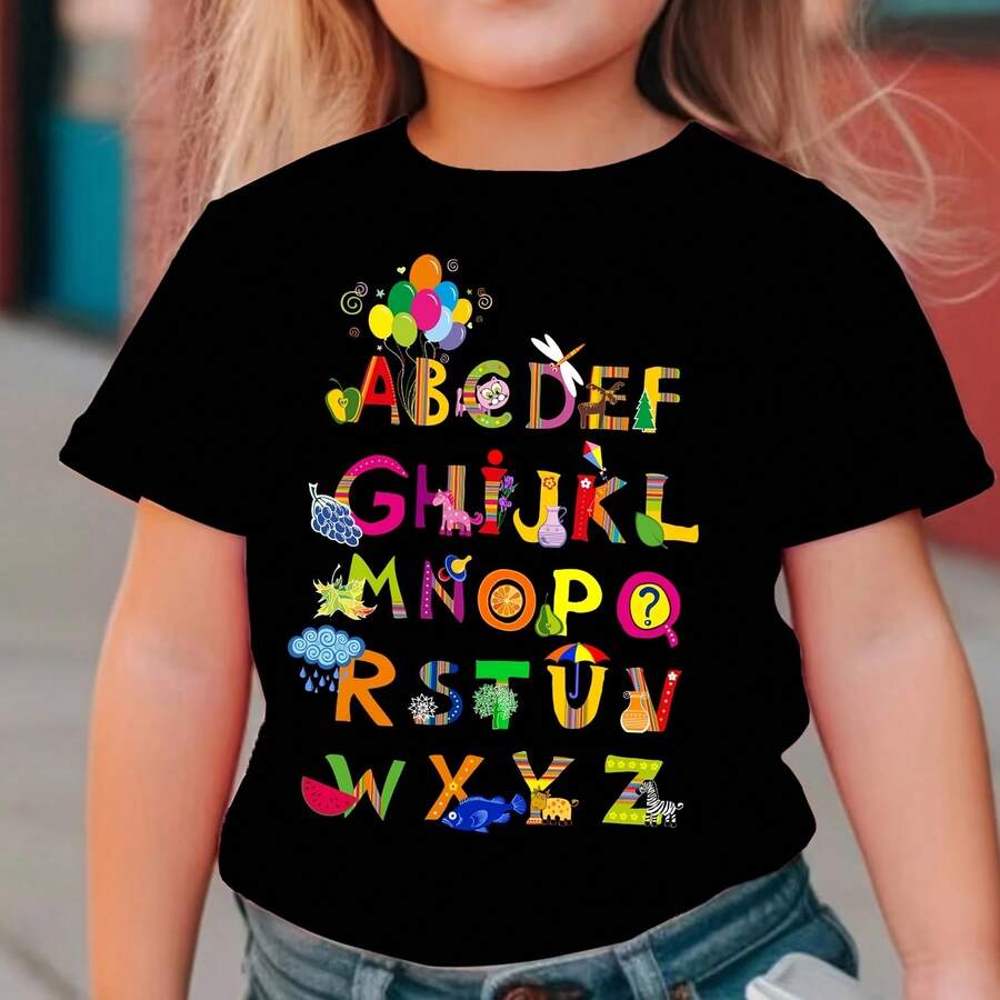 Tween Girls Summer Fashion Short-Sleeve T-Shirt With Colorful Letter Prints, A Versatile Casual Top NY-DX4045 - Black - View 1