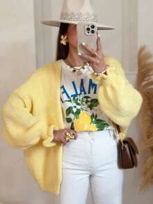 Women's Autumn/Winter New Style Solid Color Cardigan With Ruffled Cuffs - Sweet, Casual, Elegant Top For Home & Dating - Yellow - View 1