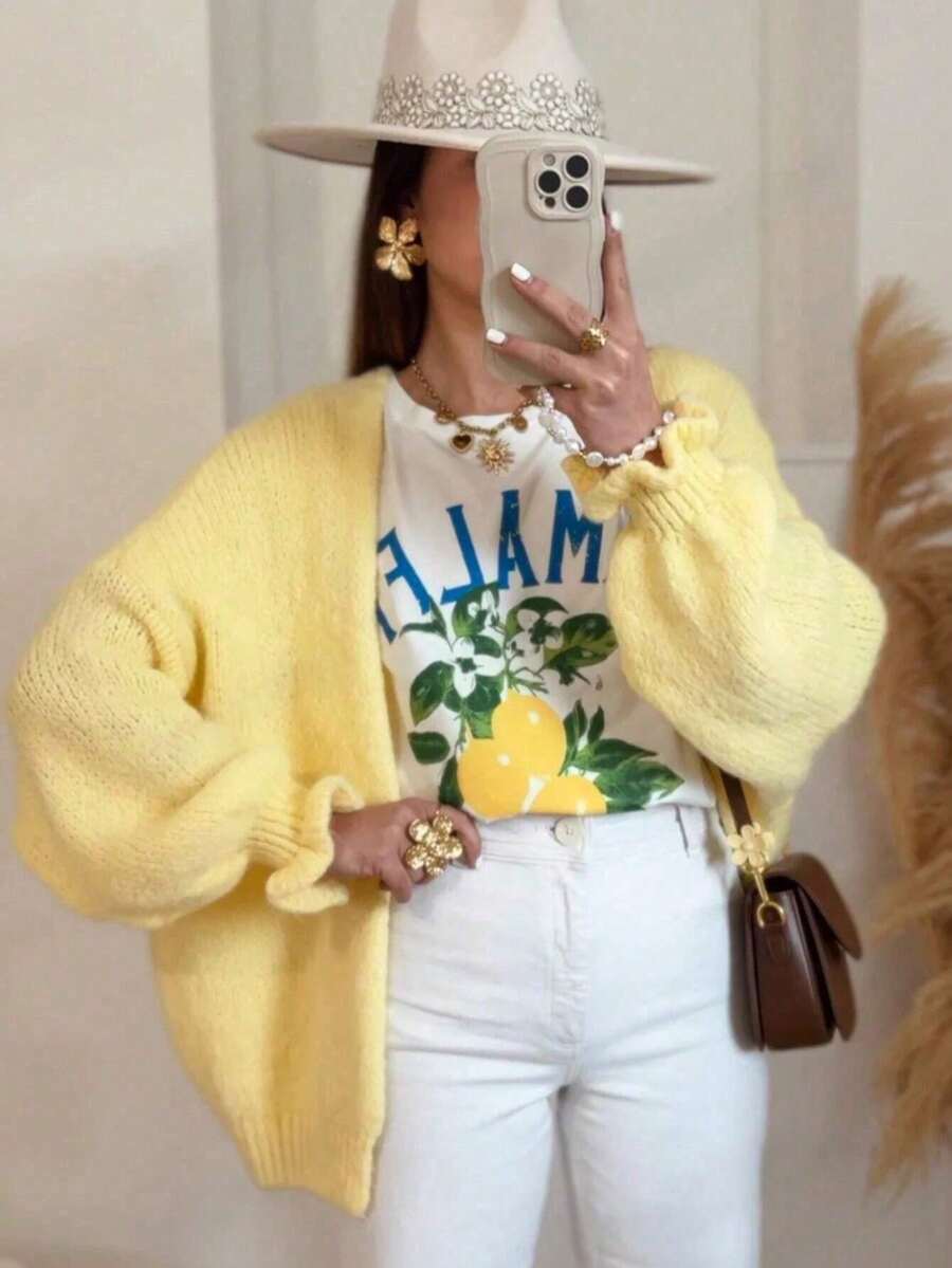 Women's Autumn/Winter New Style Solid Color Cardigan With Ruffled Cuffs - Sweet, Casual, Elegant Top For Home & Dating - Yellow - View 1