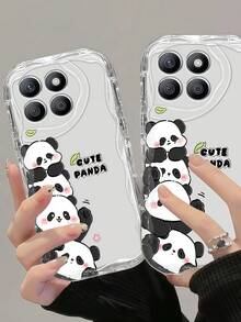 1pc Cream Clear Wavy Edge Stacked Cute Panda Print Phone Case, Soft Transparent TPU Shockproof Protective Cover, Cartoon "Cute Panda" Pattern Phone Case Compatible With Samsung, Series Phones - Clear - View 3