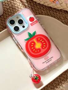 1件 3D番茄手機殼 適用16promax/IPhone16pro 韓系Ins風 新款 15/14 小眾創意高級 13 可愛卡通 11/12 女生風，適用於IPhone17Promax 17pro 17 17Air 3D番茄附掛繩智慧型手機保護殼 - 粉色 - 查看 2