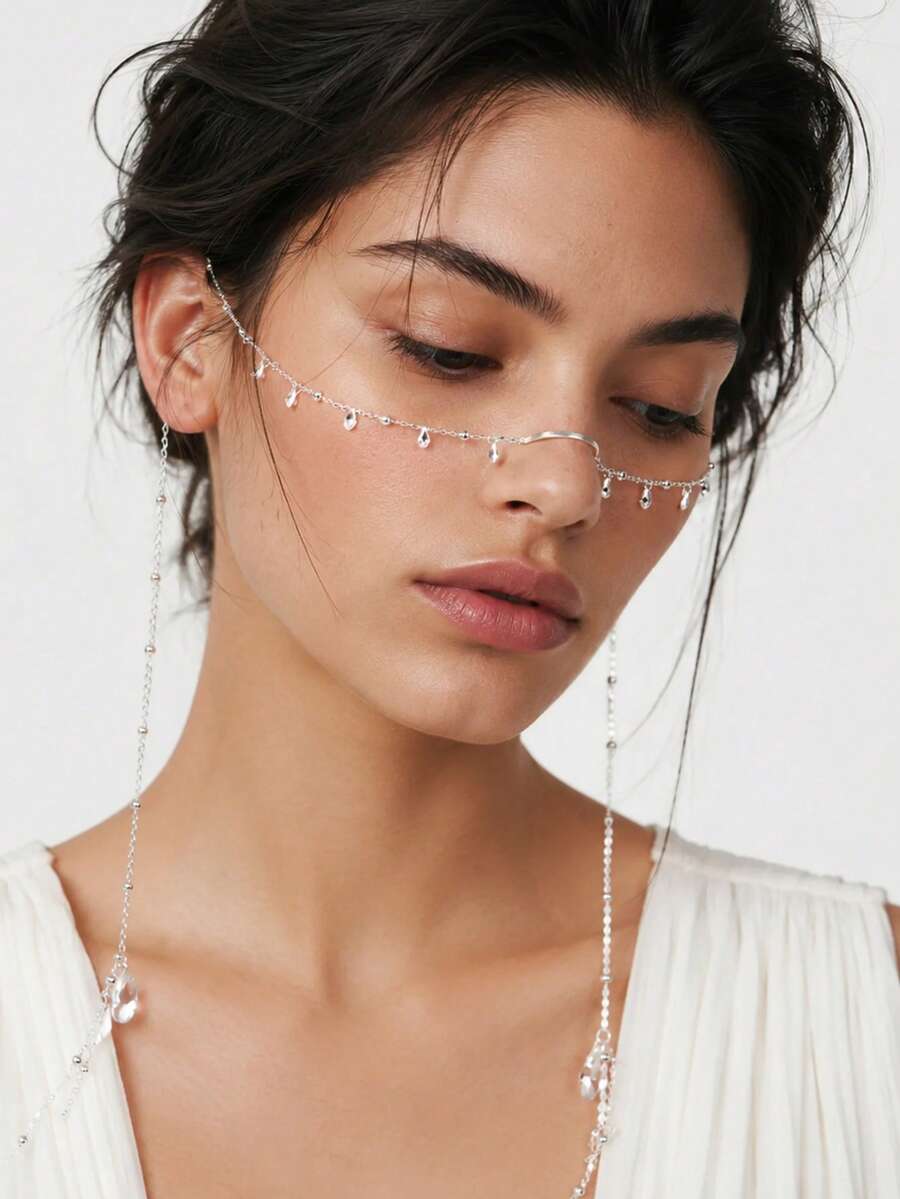 STONEFANS European And American Style Niche Water Drop Rhinestone Face Chain, Creative Personalized No-Piercing Nose Chain Integrated Chain, Stage Party Atmosphere Face Decor - Multicolor - View 1