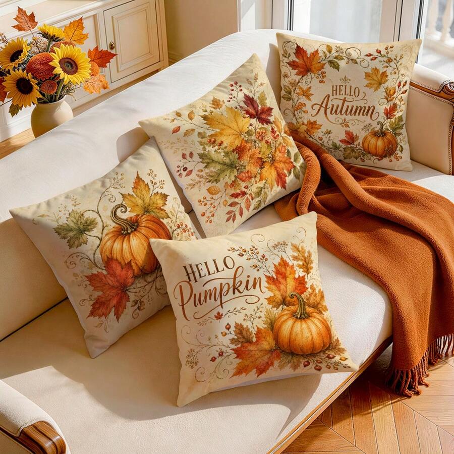 4 Stücke Vintage Herbst Ahornblatt & Kürbismuster einseitig bedruckte Kissenbezüge/Kissenbezüge, Multi-Szenen Atmosphäre Dekor Kissenbezüge geeignet für Wohnzimmer, Sofa, Schlafzimmer, Kissenfüllungen nicht enthalten - Verschiedenfarbig - Übersicht 1