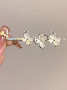 Set Jepit Rambut Kupu-kupu Emas 2 Buah, Jepit Lurus Bertatahkan Kristal Batu Mata Kucing, Jepit Samping Dekoratif Modis, Cocok untuk Pesta dan Pemakaian Sehari-hari - Sampanye - View 7