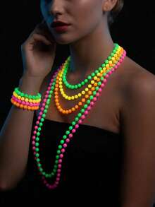 4/8pcs Neon Fluorescent Plastic Bead Necklace & Bracelet Set, Colorful Glowing Bead Jewelry Set, Suitable For 80s Disco Party, Mardi Gras Carnival, Concert Night Events, Retro Costume Accessories, Neon Party Decoration Supplies - Multicolor - View 5
