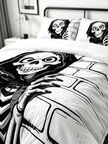 Blissful 3pcs Halloween Duvet Cover Set, Halloween Theme Comfortable Bedding Set, High-Definition Digital Print, Playful Skeleton Pattern, 1pc Duvet Cover With Four Corner Ties And Easy-To-Remove Zipper + 2 Pillowcases With Pockets, No Filling In Pillowcases And Duvet Cover, Suitable For Bedroom, Dorm (Boys And Girls Dorm Bedding) Or Travel - Black and White - View 9