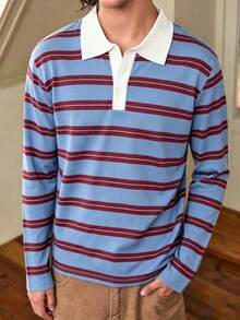 1pc Boys' Teen Striped Polo Shirt T-Shirt For Back To School Season - Blue - View 6