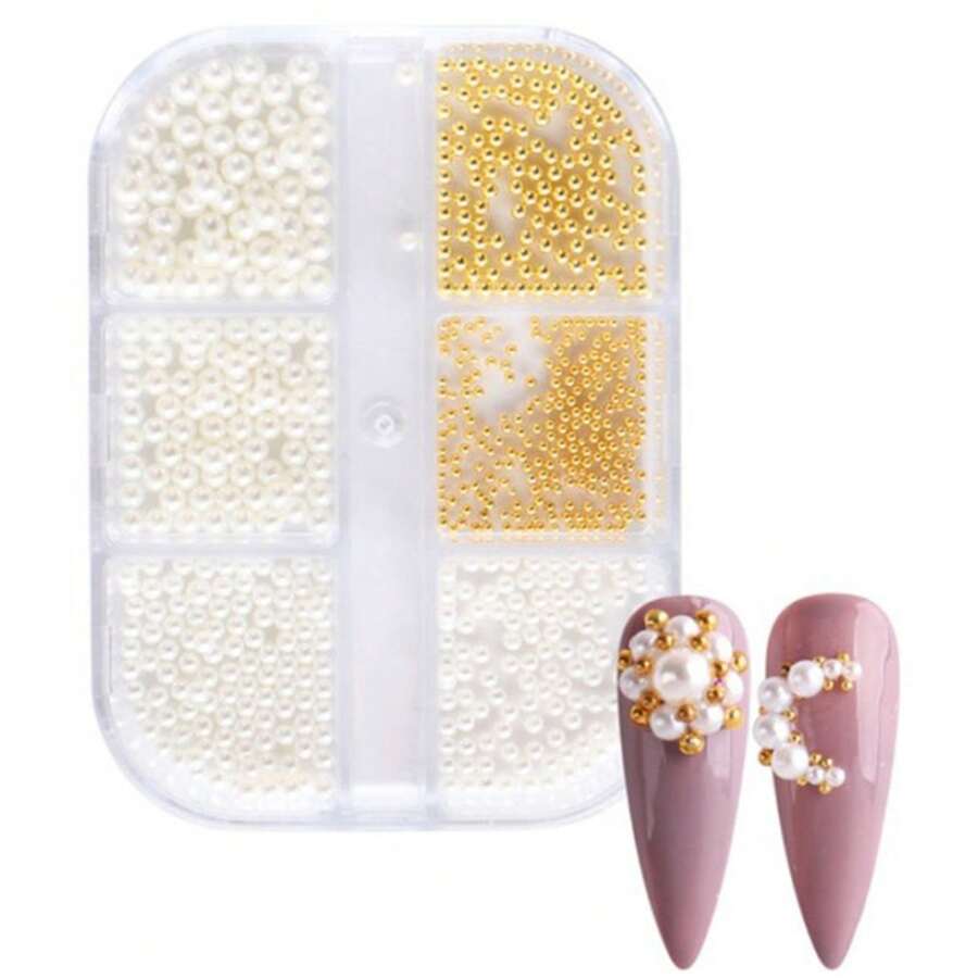 1Box Pearl Decorations Nail Charms White Round Nail Parts Gold Steel Beads Balls Jewelry Nail Art Accessories Color:ZZ01 - View 1