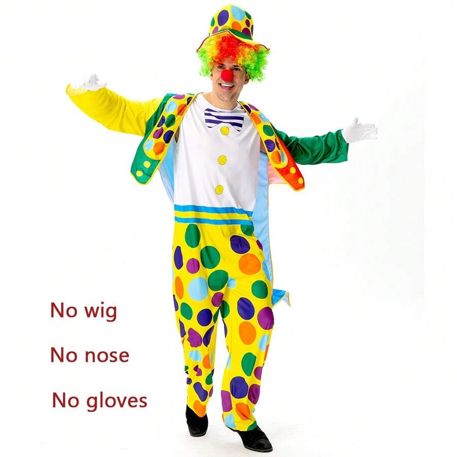 Adult Men's Clown Costume Set Classic Circus Jumpsuit With Coat Hat For Halloween Cosplay Without Wig Red Nose Size S=4XL M=5XL