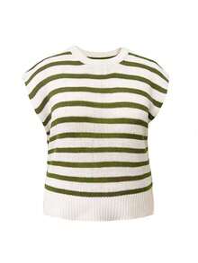 Stripe Side Slits Crewneck Short Sleeve Sweater Tee Round-Neck Loose Color-Blocking Plus-Size Knitted Sweater,Christmas New Year - Green - View 6