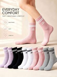 1/5/10 Pairs Women's Solid Color Letter Stripe Mid-Calf Socks, Moisture-Wicking Breathable Sports Socks, Suitable For Sports And Daily Wear, College Style Matching, Random Color - Multicolor - View 1