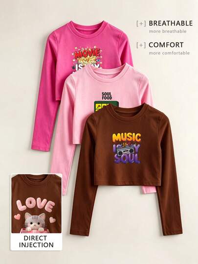 3 szt. dziewczęce krótkie T-shirty z długim rękawem, nadruk DTG, motywy: film, przekąski, jedzenie, muzyka, radio, kotek, miłość, miękkie, przewiewne, codzienne topy
