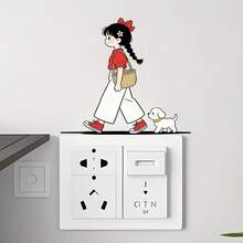 10/6/4/3/2/1pc Cute Cartoon Girl And Puppy Light Switch Stickers Minimalist Kawaii Walking Character Removable PVC Aesthetic Switch Panel Wall Decals For Bedroom Home Decor - Little Girl - View 1
