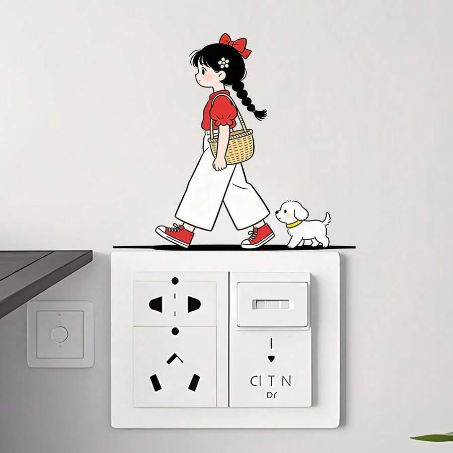 10/6/4/3/2/1pc Cute Cartoon Girl And Puppy Light Switch Stickers Minimalist Kawaii Walking Character Removable PVC Aesthetic Switch Panel Wall Decals For Bedroom Home Decor - Little Girl - View 1