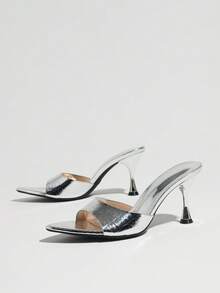 Women's Mirror Stone Texture Silver High Heel Slide Sandals, Pointed Toe Single Strap Kitten Heel Mule Shoes, Spring Summer Versatile Commute & Casual Wear - Silver - View 5
