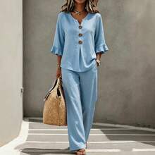2026 Women's New Casual Set: V-Neck Hemmed Lace-Trimmed Seven-Sleeve Top And Long Pants - Two-Piece Set - Light Blue - View 3