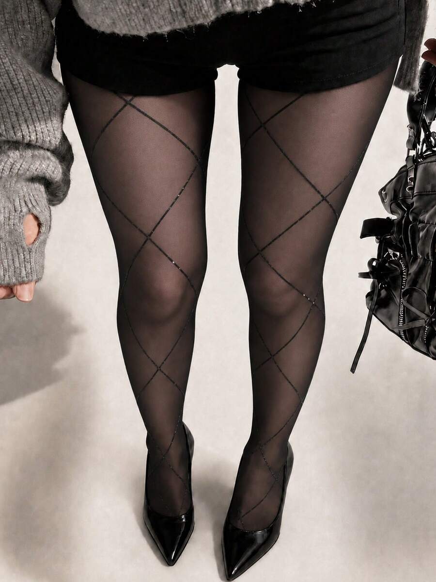 1件女款黑色閃亮水鑽透視交叉菱格紋褲襪 - 黑色 - 查看 1