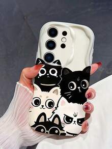 1pc Wavy Edge Cartoon Cat Expression Print Phone Case, Soft TPU Shockproof Protective Cover, Cute Stacked Black And White Kitten Pattern Phone Case Compatible With Samsung, Series Phones - White - View 1
