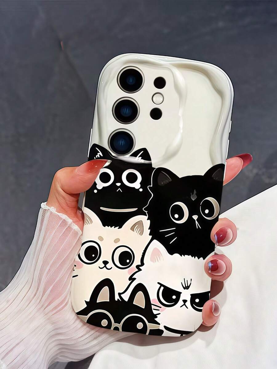 1pc Wavy Edge Cartoon Cat Expression Print Phone Case, Soft TPU Shockproof Protective Cover, Cute Stacked Black And White Kitten Pattern Phone Case Compatible With Samsung, Series Phones - White - View 1