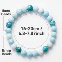 Natural Sea-Patterned Stone Round Bead Elastic Bracelet, Sea Mist Design For Calm And Peace, Unisex Bohemian Style Versatile Layering Jewelry Gift - Baby Blue - View 4