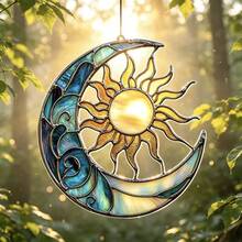 Décoration suspendue en acrylique peint Soleil & Lune, suspension de fenêtre bohème Soleil Lune, décoration de fenêtre de balcon de maison transmettant la lumière, pendentif en verre coloré vintage captant la lumière, cadeau de décoration murale douce de style guérisseur pour chambre - A - Voir 2