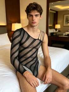 Men's Sexy Fishnet Hollow Out Sheer Lingerie Pajamas, Knitted Elastic Bodywear - Black - View 5
