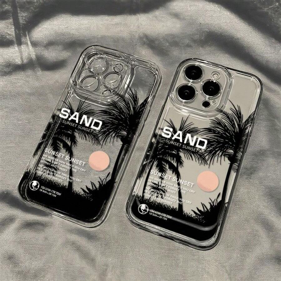 Tropical Palm Tree Sunset Silhouette Printed Clear Phone Case, Soft Shockproof TPU Material, Raised Camera Lens Scratch Protection, Retro Beach Vacation Text Design, Transparent Slim Protective Cellphone Case For Summer Daily Matching,Phone Cases,Phone Case,Cell Phone Cover, Phone Shell,Protective Phone Case,Transparent Phone Case,Silicone Phone Case, Soft Phone Case - Black - View 1