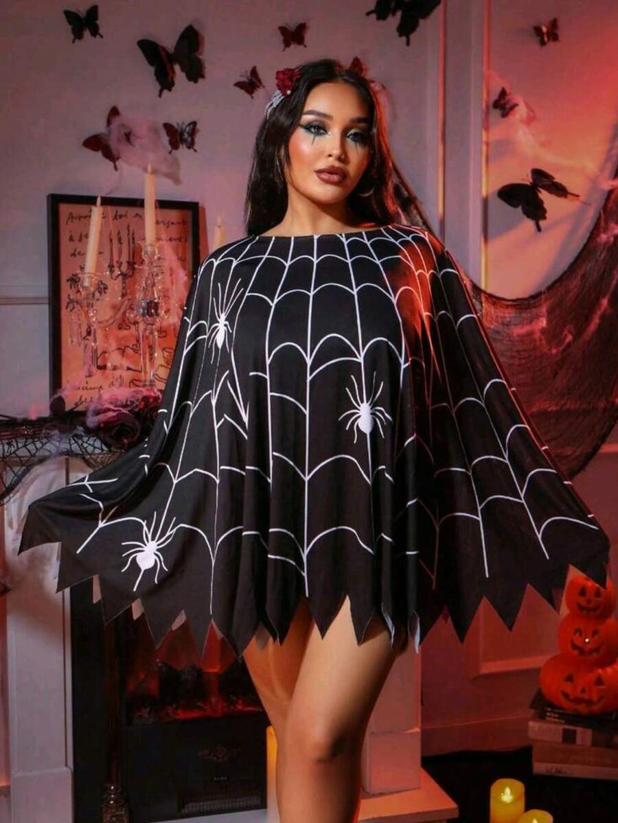 1pc Halloween Party Spider Web Print Cape, Black Asymmetrical Jagged Hem Oversized Batwing Sleeve Shrug, Gothic Spider Costume, Suitable For Various Festivals Halloween Party Cosplay - Black - View 1