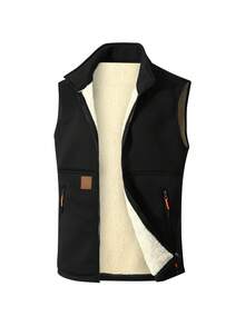 Men's Solid Color Stand Collar Thermal Lined Vest, Spring/Autumn/Winter Lambswool Lining Sleeveless Jacket, Casual Zipper Pocket Warm Vest - Black - View 3